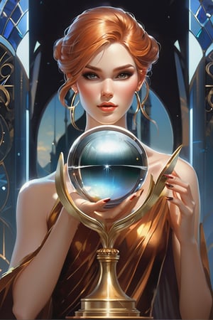 detailed shot of a beautiful slender woman on a gold pedestal,copper colored hair, with makeup, hypnotizing look, the hematite stone crystal ball in her hand, artistically posing with the hematite, digital painting, intricate, elegant, highly detailed, art station, impressionistic art, smooth, sharp focus, illustration, Unreal Engine 5, 8k, art by artgerm and greg rutkowski and alphonsemucha,shards,glass,brocken glass,transparent glass,pieces of glass,darkart