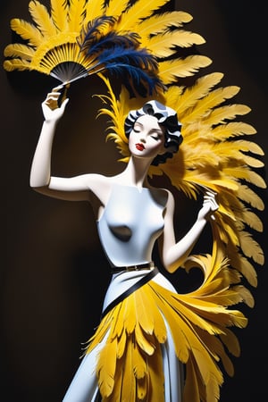 (masterpiece), Slender woman holds a fan of natural amber ostrich feathers in her hand, (she places the open fan of amber ostrich feathers on her waist, as if it were a belt. This highlights her figure and her style), The image has A geometric art style, with simple shapes and solid colors, which give it an elegant and sober look, real and detailed, highlights the color of your eyes, the image must be high impact, the background must be dark and contrast with the figure of the girl, The image must have a high detail resolution of 8k, (full body), (artistic pose of a woman),Leonardo Style,A girl dancing,Face makeup,3d toon style,ral-pnrse,DonMWr41thXL 