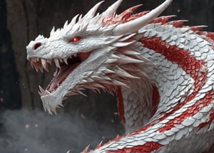 Realistic, Dragon Made of Scales, White with Red Stripes, Desolate, Majestic, Intricately Detailed, Artistic Lightning, Particles, Beautiful, Breathtaking, Impressive, Shocking, Highly Detailed, Digital Art, Sharp Focus, Trending in Art Station, Still Film,Tiger 