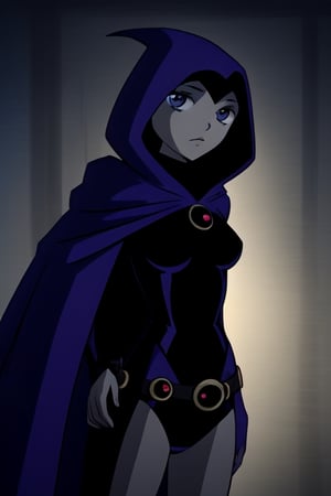 Raven TT with purple hooded cape, cartoon style.Teen Titans.(masterpiece), Raven TT wears a black leotard and a belt around her hips.RavenTT has light gray skin, violet-blue eyes, and shoulder-length blue hair. She is a type of sorceress casting a darkness manipulation spell, image quality is 8k