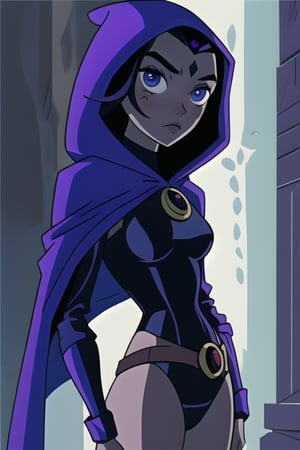 Raven TT with purple hooded cape, cartoon style.Teen Titans.(masterpiece), Raven TT wears a black leotard and a belt around her hips.RavenTT has light gray skin, violet-blue eyes, and shoulder-length blue hair. She casting a darkness manipulation spell, image quality is 8k,RavenTT,Wiz,DC,Raven,90s,80s,Cartoon,Black_Canary_JLU