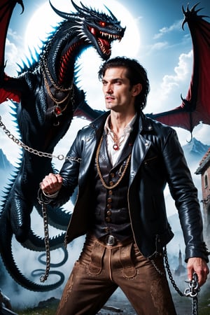 a male aesthetic vampire from the Italian mafia taming an undead dragon with a whip and a chain,a man in a leather jacket and a scarf, with fangs, blood, a ring, a dragn with bones, scales, wings and fire, a whip and a chain, cool, romanticismo style, realistic, detailed, 4k,DonMF43Dr4g0n ,dragon,Hosn