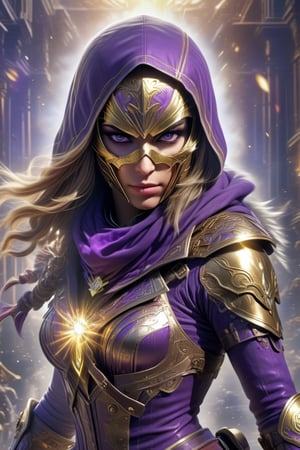 (masterpiece), 1 girl, Caha la Hellequin from Assassins Creed 3 in surreal style, 8k quality image, shine in her eyes, (full body) majestic image design, wearing gold and purple female costume, aesthetic golden mask and weapons golden, effects with intense and vivid colors that highlight the figure of the Hellequin, detailed particle background, still photo, HZ Steampunk,pturbo,bl3uprint,<lora:659095807385103906:1.0>