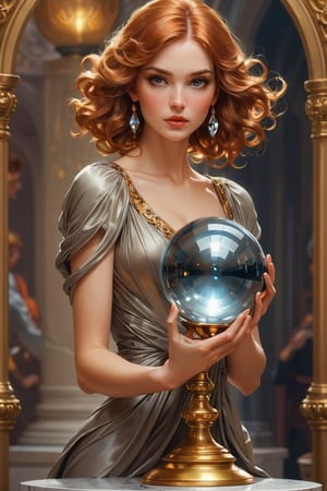 (masterpiece), Detailed shot of a beautiful slender woman on a golden pedestal, copper colored hair, makeup, hypnotizing gaze, hematite stone crystal ball in her hand, posing artistically with the hematite stone, digital painting, intricate, elegant, highly detailed, seasonal art.impressionist art, sharp soft focus, illustration, Unreal Engine 5, 8k, art by artgerm and greg rutkowski and alphonsemucha,A girl dancing ,perfect eyes