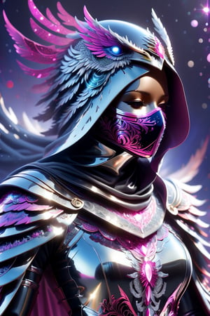 Hematite and Chrome Mystic Eagle Silhouette Hood Face Covering, Metallic Patterns, Layered Details, Embellished Fuchsia Crystal Details, Magical Sparkly Background, 
Masterpiece,DonM3l3m3nt4lXL