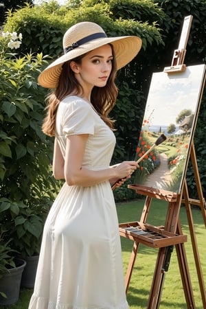 (masterpiece),  An image of a woman standing in a garden,  wearing a white dress and a straw hat,  painting a picture with an easel and brush,  the image is 8k quality,pturbo