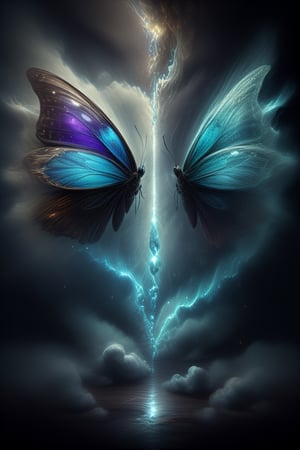 An image of a butterfly with wings formed by two human faces looking at each other, one light and one dark, representing the duality, image with smoke effect and beauty,more detail XL,<lora:659095807385103906:1.0>