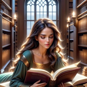 (masterpiece), Represent her calm appearance but intense undertone, like an image of a woman reading a book in a library while having a penetrating and mysterious gaze, the image is 8k quality,pturbo,DonMM4hM4g1cXL
