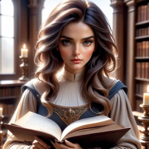 (masterpiece), Represent her calm appearance but intense undertone, like an image of a woman reading a book in a library while having a penetrating and mysterious gaze, the image is 8k quality,pturbo,DonMM4hM4g1cXL,Leonardo Style