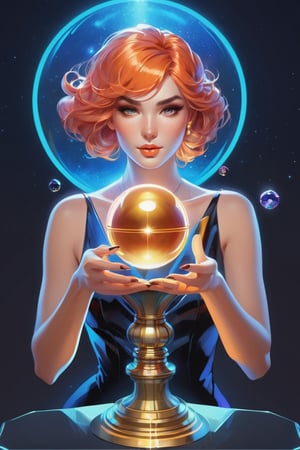 detailed shot of a beautiful slender woman on a gold pedestal, carrot-colored hair, with makeup, hypnotizing look, the hematite stone crystal ball in her hand, artistically posing with the hematite, digital painting, intricate, elegant, highly detailed, art station, impressionistic art, smooth, sharp focus, illustration, Unreal Engine 5, 8k, art by artgerm and greg rutkowski and alphonsemucha,neon style,simple background