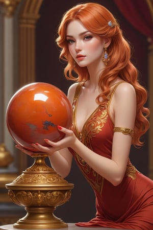 Detailed shot of a beautiful slender woman on a golden pedestal, carrot-colored hair, with makeup, mesmerizing look, the red jasper stone crystal ball in her hand, artistically posing with the red jasper, digital painting, intricate, elegant, very detailed,art station,impressionist art, soft, sharp focus, illustration, Unreal Engine 5, 8k, art by artgerm and greg rutkowski and alphonsemucha