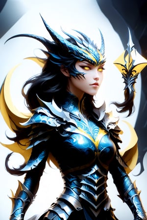 (masterpiece), Slender woman holds a yellow fan with dragon claws in her hand, her draconian clothing is made of obsidian, The image has a geometric art style, with simple shapes and solid colors, which give it an elegant and sober appearance, real and detailed, highlights the color of your eyes, The image must be of high impact, the background must be dark and contrast with the girl's figure, The image must have a high detail resolution of 8k, (full body), (artistic pose of a woman), Style Leonardo,A girl dancing,Face makeup,nlgtstyle,DonMM4g1cXL ,darkart,Glass Elements,dragonarmor,DonMM4hM4g1cXL,neon style,DonMT3chW0rldXL,DonMN1gh7D3m0nXL
