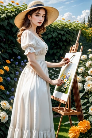 (masterpiece),  An image of a woman standing in a garden,  wearing a white dress and a straw hat,  painting a picture with an easel and brush,  the image is 8k quality