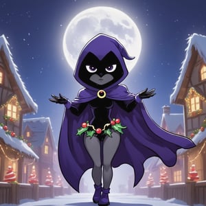 (masterpiece),  The 8k quality image, Raven TT in a purple hooded cloak,  under the moonlight RavenTT levitates above the ground, Moonlight bathes a snowy rooftop, casting long shadows as Raven levitates amid the glittering icicles. Her hands move through the air, drawing tendrils of mistletoe-green darkness. A mischievous gleam dances in her violet eyes, contrasting with the stern set of her jaw. A single strand of tinsel clings to her hair, a playful counterpoint to her dark sorceress aura. Raven casts her spells with holly berries. Her dark energy takes the form of mischievous gingerbread men. A small Santa hat placed on one of her animal familiars,ttrvn character