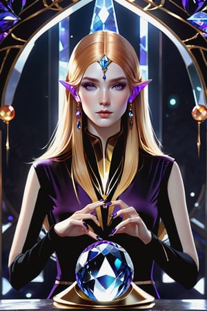 detailed shot of a beautiful slender woman on a gold pedestal, copper colored hair, with makeup, hypnotizing look, the hematite stone crystal ball in her hand, artistically posing with the hematite, digital painting, intricate, elegant, highly detailed, art station, impressionistic art, smooth, sharp focus, illustration, Unreal Engine 5, 8k, art by artgerm and greg rutkowski and alphonsemucha,shards,glass,brocken glass,transparent glass,pieces of glass,darkart,DonMD4rk3lv3sXL
