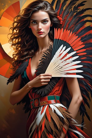 (masterpiece), Slender woman holds a Spanish feather fan in her hand, (she places the open fan on her waist, as if it were a belt. This highlights her figure and her style), The image has a geometric art style, with simple shapes and solid colors, which give it an elegant and sober look, real and detailed, highlights the color of your eyes, The image must be high impact, the background must be dark and contrast with the figure of the girl, The image must have a high resolution 8k detail, (full body), (artistic pose of a woman),christmas,SIMON PETRIKOV