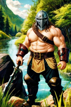 (upper body), solo, dwarf, (round body), (fat), muscular arms, thick legs, bucket helmet, templar helmet, bare chest, hairy chest, brown baggy pants, gauntlets, greaves. scenery: river, grass, rocks, trees, day time