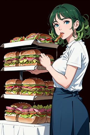 (masterpiece), (ultra detailed), (full_body), (detailed pretty faces:1.3), (warm color lighting) (realistic) (4k resolution) A women name Olga age 30, small waist, athletic body, huge breast, has short curly green hair, slanted blue eyes, sucking on a sub sandwich, surrounded by a lot of sub sandwiches, background: a restaurant with a lot of sub sandwiches.