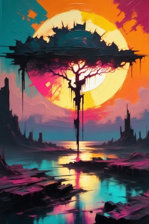 official art, 8k wallpaper,beautiful and aesthetic, masterpiece, 
poster artwork, poster art, dystopian art, disruptive art, postapocalyptic vibes, grunge cyberpunk, postapocalyptic style, grunge cyberpunk, luminous design, (ink drips), (((abstract art))), ((minimalist)),

((geometric figures)), (line art), ((grunge)), ((metalic)), ((fluorescent colours)), (cyberpunk colors), (chromatic aberration),
multi vivid colours, atmospheric, (((hard brushstrokes)))
((no people)), (((giant fire sun))), (horizon at sunset),

(((paint dripping, very worn canvas))), ((ancient papyrus)),

 artwork in the style of guweiz, (old, worn, erased), art inspired by Ross Tran,