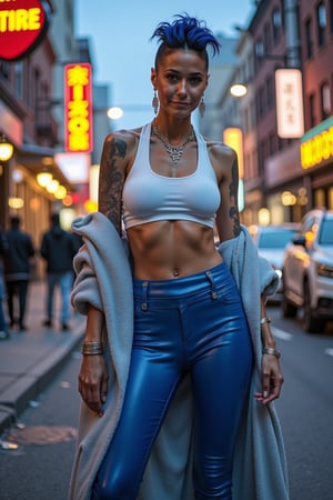 (ultra realistic,32k, masterpiece:1.2),(high detailed skin:1.1),( high quality:1.1), (masterpiece, best quality) A high-quality, photorealistic sharp photo (wide angle full body) Emmanuelle Chriqui with punk royal blue hairstyle with a shaved side, smiling a bit, tatoos on her arms, detailed silver necklaces and bracelets, wearing white latex crop top, navel, royal blue skin-tight low-rise latex pants, elegant leather royal blue coat with white fur lining. Standing with a proud attitude in the middle of a street in an upscale neighborhood, she gazes directly to the photographer. Yellow neon light coming on her face from the left. Background : blue hour, fog in in an upscale neighborhood. Details, skin texture, ((posing sexy))