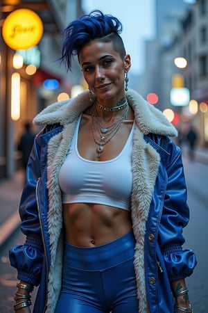 (ultra realistic,32k, masterpiece:1.2),(high detailed skin:1.1),( high quality:1.1), (masterpiece, best quality) A high-quality, photorealistic sharp photo (wide angle full body) Emmanuelle Chriqui with punk royal blue hairstyle with a shaved side, smiling a bit, tatoos on her arms, detailed silver necklaces and bracelets, wearing white latex crop top, navel, royal blue skin-tight low-rise latex pants, elegant leather royal blue coat with white fur lining. Standing with a proud attitude in the middle of a street in an upscale neighborhood, she gazes directly to the photographer. Yellow neon light coming on her face from the left. Background : blue hour, fog in in an upscale neighborhood. Details, skin texture, ((posing sexy))