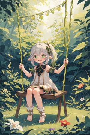 masterpiece, best quality, 1girl, happy, playing a swing, vines, forest, flowers, nahidadef