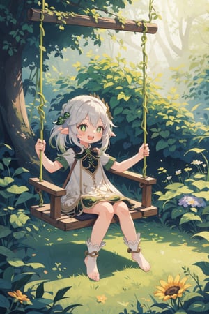 masterpiece, best quality, 1girl, happy, playing a swing, vines, forest, flowers, nahidadef