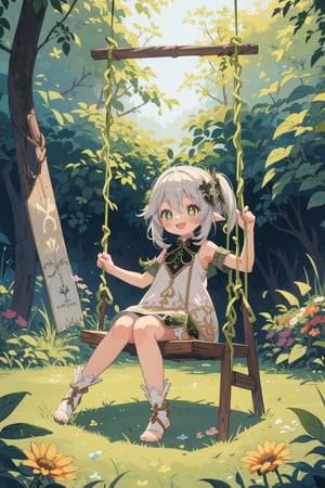 masterpiece, best quality, 1girl, happy, playing a swing, vines, forest, flowers, nahidadef