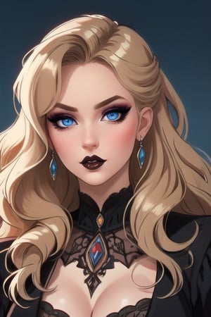 🏷️[Looking at the Viewer, MakeUp, close up, long hair, Upper Body, Earrings, Wavy Hair, Retro Artstyle, ((1980s \(style\))), Eyeshadow, Eyelashes, (((Glowing))), (Red Lips), Sky, blood, Simple Background, Breast, French Clivage]
🏷️[Baroque, Castlevania Style, Vampie, Goth, Dress]
🏷️[(Eris Etolia), Blonde long hair, Blue Eyes, Pale Skin]

((High-Quality)), ((Aesthetic)), ((Masterpiece)), (Intricate Details), Coherent Shape, (Stunning Illustration), Black, ,Goth Portrait, Masterpiece, Castlevania Lightning, Vampire, Portrait, Gothic Art,line,SD 1.5