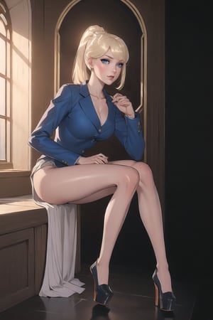 Eris Etolia, She's wearing Platform High Heels ((Blonde brat, single ponytail,)) ((Teenager)) ((High school Girl)) ((((skinny)))) ((Schoolar unform)) ((SFW)), She’s student called Eris Etolia a ((princess)),  Fitted Blazer: Tailored blazers with a more fitted silhouette, emphasizing the waistline and creating an hourglass figure. Shortened Skirt Length (tights): Uniform skirts modified to be shorter, accentuating the legs and drawing attention to the wearer's lower body.
 V-Neck Blouse: Blouses with a V-neck design to highlight the neckline and draw attention to the chest área (SFW).
Footwear is heeled loafers, overall enhanced aesthetic, heeled loafers.

🏷️【Elegant, Blonde ponytail, Blue Eyes,Tall, very tall, long legs, tight legs, thing legs, narrow hips, Masterpiece, Gothic Art, Eyeliner, Blonde, 】
💡 **Additional Enhancers:** ((High-Quality)), (Professional Painting), ((Aesthetic)), ((Masterpiece)), (Intricate Details), Real Shadows, Perfect Face, Coherent Shape, (Stunning Illustration), [Dramatic Lightning] , sophisticated_style, skinny brat, ((perfect, hand , fingers)),

The architecture of this fantastical place is a seamless blend of delicate transparency and the structural beauty of crystals. The buildings appear to be sculpted from crystal-clear materials, allowing the interplay of light to create mesmerizing patterns that dance across the floors and walls.

The pathways beneath your feet are made of glass that seems to shimmer like liquid sunlight, and as you walk, you can glimpse the intricate network of roots and crystals below the surface. The air is filled with a sense of magic and wonder, as if every breath you take is infused with the energy of the crystals that surround you.,Platform High Heels,Thick Platforms