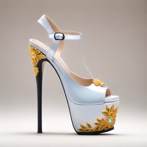 🏷️【neo-baroque_design】+【ornate_jeweled, golden_ornamental, intricated_golden_details, ornated_filigree_leaves】

Technical and formal description of a women's high-heeled platform sneaker: The image shows a women's high heel and platform sneaker with a contemporary and sophisticated design. The sneaker is made from high-end materials and features an impeccable finish.

Platform
The platform has a height of 5 centimeters, which provides a moderate height increase. The shape of the platform is rectangular with rounded edges, giving it an elegant and feminine look. The top surface of the platform is polished for a glossy and reflective finish, giving it a luxurious and sophisticated look. The bottom surface of the platform has a rough texture to provide traction and prevent slipping.

The material used for the platform is a high-density thermoplastic polymer (PTD). PTD is a tough, durable material that is easy to clean. In addition, PTD is a lightweight material, which helps make the shoe comfortable to wear.

Heel
The heel has a height of 15 centimeters, which provides a significant height increase. The shape of the heel is stiletto, which gives it a sleek and sophisticated look. The heel is made of a high quality metal alloy (AMHC). AMHC is a tough and durable material that is capable of withstanding heavy loads. In addition, AMHC is a lightweight material, which helps make the heel more comfortable to wear.

The heel features an embossed floral design, made using a high-precision embossing process. The floral design is composed of a series of stylized flowers that run the entire length of the heel. The floral design is hand-painted with metallic pigments, giving it a luxurious and sophisticated look.

Upper
The upper of the sneaker is made from a highly flexible and resilient synthetic polymer (PSFR). PSFR is a tough and durable material that is capable of withstanding heavy loads. In addition, PSFR is a lightweight material, which helps make the shoe more comfortable to wear.

The front of the shoe is open, leaving the toes exposed. The back of the shoe has a buckle closure at the ankle, allowing for a customized fit. The buckle closure is made of genuine leather, giving it a luxurious and sophisticated look.