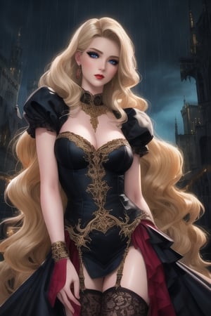 🏷️[Looking at the Viewer, MakeUp, close up, long hair, Upper Body, Earrings, Wavy Hair, Retro Artstyle, ((1990s \(style\))), Rain, Eyeshadow, Eyelashes, (((Glowing))), (Red Lips), Sky, Outdoors]
🏷️[Baroque, Castlevania Style, Vampie, Goth, Black Dress]
🏷️[Eris Etolia, Blonde long hair, Blue Eyes, Pale Skin]

💡 **Additional Enhancers:** ((High-Quality)), ((Aesthetic)), ((Masterpiece)), (Intricate Details), Coherent Shape, (Stunning Illustration), Black, ,Goth Portrait, Masterpiece, Castlevania Lightning, Vampire,Portrait,ErisEtolia,REALISTIC,1guy