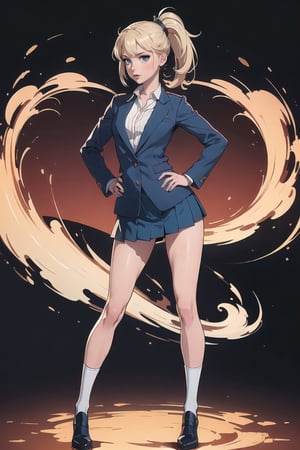 ((Teenager at High school)) Schoolar unform, high School vibes, student, Eris Etolia Queen, Fitted Blazer: Uniform skirt, V-Neck Blouse:, The knee-high socks Footwear is heeled loafers. 

🏷️【Blonde ponytail, Blue Eyes,Tall, very tall, long legs, tight legs, thing legs, narrow hips, Eris Etolia, Blonde,】
💡 **Additional Enhancers:** ((High-Quality)), ((Aesthetic)), ((Masterpiece)), (Intricate Details), Coherent Shape, (Stunning Illustration), [Dramatic Lightning],