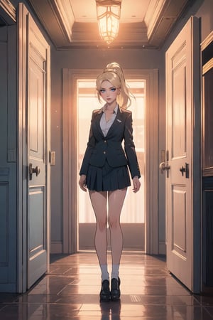 Subject(Eris Etolia. Blonde, FontBangs, Ponytail)
Theme(a inter-dimentional portal in a classroom, sci-fi)
Outfit(tailored blazer, blouse v-neck, skirt length is shortened, white socks add, sleek high heeled loafers)

ClassroomSetting(An ordinary classroom bathed in fluorescent light)
Surreal Anomaly(A shimmering tear in reality appears, pulsating with otherworldly energy)
DistortedAtmosphere(Air wavers, hinting at unseen vistas beyond comprehension)
GatewaytotheUnknown(All realize they stand before a doorway to unimaginable realms)

💡 **Additional Enhancers:** ((High-Quality)), ((Aesthetic)), ((Masterpiece)), (Intricate Details), Coherent Shape, (Stunning Illustration), [Dramatic Lightning],midjourney