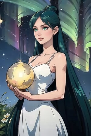 Pale woman, Green Eyes, long straight hair, very liong hair, greekish attire, Goddes, long white dress, stardust, sparkle, pluto, planets, smirk

Outdoors, aurora in the sky, midnight, Morning star, shinning star

💡 **Additional Enhancers:** ((High-Quality)), ((Aesthetic)), ((Masterpiece)), (Intricate Details), Coherent Shape, (Stunning Illustration), [Dramatic Lightning],midjourney