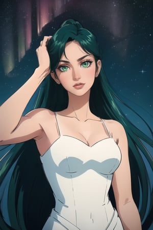 Pale woman, Green Eyes, long straight hair, very liong hair, greekish attire, Goddes, long white dress, stardust, sparkle, pluto, planets, smirk

Outdoors, aurora in the sky, midnight, Morning star, shinning star

💡 **Additional Enhancers:** ((High-Quality)), ((Aesthetic)), ((Masterpiece)), (Intricate Details), Coherent Shape, (Stunning Illustration), [Dramatic Lightning],midjourney