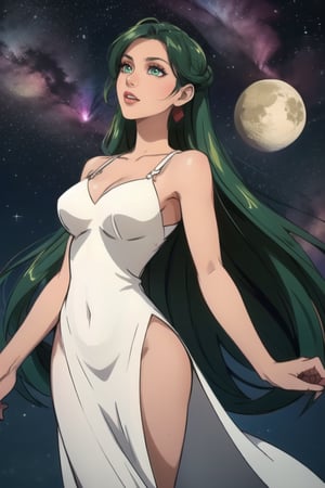 Pale woman, Green Eyes, long straight hair, very liong hair, greekish attire, Goddes, long white dress, stardust, sparkle, pluto, planets, smirk, red lips, elaborated clothes, beautiful woman

Outdoors, aurora in the sky, midnight, Morning star, shinning star

💡 **Additional Enhancers:** ((High-Quality)), ((Aesthetic)), ((Masterpiece)), (Intricate Details), Coherent Shape, (Stunning Illustration), [Dramatic Lightning],midjourney