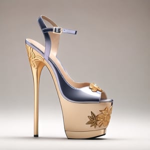 🏷️【neo-baroque_design】+【ornate_jeweled, golden_ornamental, intricated_golden_details, ornated_filigree_leaves】

Technical and formal description of a women's high-heeled platform sneaker: The image shows a women's high heel and platform sneaker with a contemporary and sophisticated design. The sneaker is made from high-end materials and features an impeccable finish.

Platform
The platform has a height of 5 centimeters, which provides a moderate height increase. The shape of the platform is rectangular with rounded edges, giving it an elegant and feminine look. The top surface of the platform is polished for a glossy and reflective finish, giving it a luxurious and sophisticated look. The bottom surface of the platform has a rough texture to provide traction and prevent slipping.

The material used for the platform is a high-density thermoplastic polymer (PTD). PTD is a tough, durable material that is easy to clean. In addition, PTD is a lightweight material, which helps make the shoe comfortable to wear.

Heel
The heel has a height of 15 centimeters, which provides a significant height increase. The shape of the heel is stiletto, which gives it a sleek and sophisticated look. The heel is made of a high quality metal alloy (AMHC). AMHC is a tough and durable material that is capable of withstanding heavy loads. In addition, AMHC is a lightweight material, which helps make the heel more comfortable to wear.

The heel features an embossed floral design, made using a high-precision embossing process. The floral design is composed of a series of stylized flowers that run the entire length of the heel. The floral design is hand-painted with metallic pigments, giving it a luxurious and sophisticated look.

Upper
The upper of the sneaker is made from a highly flexible and resilient synthetic polymer (PSFR). PSFR is a tough and durable material that is capable of withstanding heavy loads. In addition, PSFR is a lightweight material, which helps make the shoe more comfortable to wear.

The front of the shoe is open, leaving the toes exposed. The back of the shoe has a buckle closure at the ankle, allowing for a customized fit. The buckle closure is made of genuine leather, giving it a luxurious and sophisticated look.