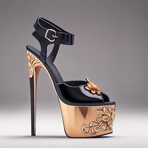 🏷️【neo-baroque_design】+【ornate_jeweled, golden_ornamental, intricated_golden_details, ornated_filigree_leaves】

Technical and formal description of a women's high-heeled platform sneaker.

The image shows a women's high heel and platform sneaker with a contemporary and sophisticated design. The sneaker is made from high-end materials and features an impeccable finish.

Platform

The platform has a height of 5 centimeters, which provides a moderate height increase. The shape of the platform is rectangular with rounded edges, giving it an elegant and feminine look. The top surface of the platform is polished for a glossy and reflective finish, giving it a luxurious and sophisticated look. The bottom surface of the platform has a rough texture to provide traction and prevent slipping.

The material used for the platform is a high-density thermoplastic polymer (PTD). PTD is a tough, durable material that is easy to clean. In addition, PTD is a lightweight material, which helps make the shoe comfortable to wear.

Heel

The heel has a height of 15 centimeters, which provides a significant height increase. The shape of the heel is stiletto, which gives it a sleek and sophisticated look. The heel is made of a high quality metal alloy (AMHC). AMHC is a tough and durable material that is capable of withstanding heavy loads. In addition, AMHC is a lightweight material, which helps make the heel more comfortable to wear.

The heel features an embossed floral design, made using a high-precision embossing process. The floral design is composed of a series of stylized flowers that run the entire length of the heel. The floral design is hand-painted with metallic pigments, giving it a luxurious and sophisticated look.

Upper

The upper of the sneaker is made from a highly flexible and resilient synthetic polymer (PSFR). PSFR is a tough and durable material that is capable of withstanding heavy loads. In addition, PSFR is a lightweight material, which helps make the shoe more comfortable to wear.

The front of the shoe is open, leaving the toes exposed. The back of the shoe has a buckle closure at the ankle, allowing for a customized fit. The buckle closure is made of genuine leather, giving it a luxurious and sophisticated look.