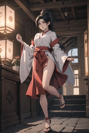 DOAMomiji(Black Hair, Long Ponytail, Hazel Eyes).

The setting is enveloped in the soft glow of lantern light, casting gentle shadows that dance across the meticulously raked gravel pathways.

She is adorned in her traditional Miko attire, a vibrant ensemble that exudes both elegance and sensuality. The Miko's attire is accented by a crimson obi tied securely around her waist, its rich hue contrasting beautifully against the purity of her garment. A pair of elegant tabi socks adorn her feet, while a pair of lacquered geta sandals add a subtle elevation to her stature.


💡 **Additional Enhancers:** ((High-Quality)), ((Aesthetic)), ((Masterpiece)), (Intricate Details), Coherent Shape, (Stunning Illustration), [Dramatic Lightning],midjourney,