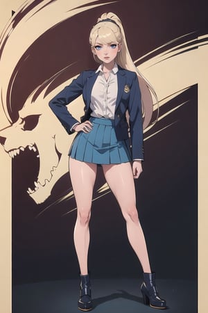 ((Teenager at High school)) Schoolar unform, high School vibes, student, Eris Etolia Queen, Fitted Blazer: Uniform skirt, V-Neck Blouse:, The knee-high socks Footwear is heeled loafers. 

🏷️【Blonde ponytail, Blue Eyes,Tall, very tall, long legs, tight legs, thing legs, narrow hips, Eris Etolia, Blonde,】
💡 **Additional Enhancers:** ((High-Quality)), ((Aesthetic)), ((Masterpiece)), (Intricate Details), Coherent Shape, (Stunning Illustration), [Dramatic Lightning],