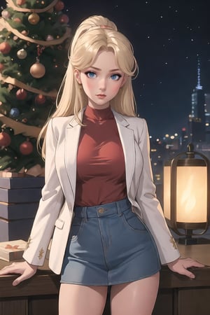 (Christmas Event), ((Merry Christmas)), Imagine a Christmas Scene, Christmass Tree, Bow, Gifts. Eris Etolia is in front of us; shes apoliging to us because an inconvenient; sad, ashamed, she looks sad becaus of bad news, 

([Daylight:1.00) Young Lady, Eris Etolia, Blonde, Ponytail, Blue Eyes, She's in front of us, with an alluring attitude; at outdoors,, city envoroment She looks like a stunning lady teenybopper, brat, 

Outfit: Schoolar Uniform, Blazer, Mini Skirt, Loafers, Lower Socks,

💡 **Additional Enhancers:** ((High-Quality)), ((Aesthetic)), ((Masterpiece)), (Intricate Details), Coherent Shape, (Stunning Illustration), [Dramatic Lightning],Christmas Room