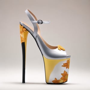🏷️【neo-baroque_design】+【ornate_jeweled, golden_ornamental, intricated_golden_details, ornated_filigree_leaves】

Technical and formal description of a women's high-heeled platform sneaker: The image shows a women's high heel and platform sneaker with a contemporary and sophisticated design. The sneaker is made from high-end materials and features an impeccable finish.

Platform
The platform has a height of 5 centimeters, which provides a moderate height increase. The shape of the platform is rectangular with rounded edges, giving it an elegant and feminine look. The top surface of the platform is polished for a glossy and reflective finish, giving it a luxurious and sophisticated look. The bottom surface of the platform has a rough texture to provide traction and prevent slipping.

The material used for the platform is a high-density thermoplastic polymer (PTD). PTD is a tough, durable material that is easy to clean. In addition, PTD is a lightweight material, which helps make the shoe comfortable to wear.

Heel
The heel has a height of 15 centimeters, which provides a significant height increase. The shape of the heel is stiletto, which gives it a sleek and sophisticated look. The heel is made of a high quality metal alloy (AMHC). AMHC is a tough and durable material that is capable of withstanding heavy loads. In addition, AMHC is a lightweight material, which helps make the heel more comfortable to wear.

The heel features an embossed floral design, made using a high-precision embossing process. The floral design is composed of a series of stylized flowers that run the entire length of the heel. The floral design is hand-painted with metallic pigments, giving it a luxurious and sophisticated look.

Upper
The upper of the sneaker is made from a highly flexible and resilient synthetic polymer (PSFR). PSFR is a tough and durable material that is capable of withstanding heavy loads. In addition, PSFR is a lightweight material, which helps make the shoe more comfortable to wear.

The front of the shoe is open, leaving the toes exposed. The back of the shoe has a buckle closure at the ankle, allowing for a customized fit. The buckle closure is made of genuine leather, giving it a luxurious and sophisticated look.