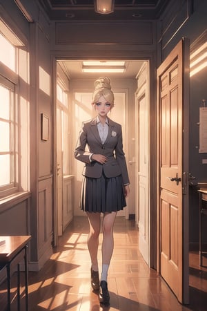 Subject(Eris Etolia. Blonde, FontBangs, Ponytail)
Theme(a inter-dimentional portal in a classroom, sci-fi)
Outfit(tailored blazer, blouse v-neck, skirt length is shortened, white socks add, sleek high heeled loafers)

ClassroomSetting(An ordinary classroom bathed in fluorescent light)
Surreal Anomaly(A shimmering tear in reality appears, pulsating with otherworldly energy)
DistortedAtmosphere(Air wavers, hinting at unseen vistas beyond comprehension)
GatewaytotheUnknown(All realize they stand before a doorway to unimaginable realms)

💡 **Additional Enhancers:** ((High-Quality)), ((Aesthetic)), ((Masterpiece)), (Intricate Details), Coherent Shape, (Stunning Illustration), [Dramatic Lightning],midjourney