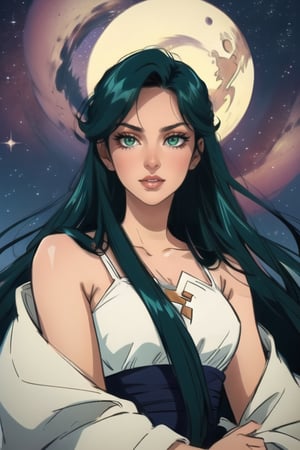 Pale woman, Green Eyes, long straight hair, very liong hair, greekish attire, Goddes, long white dress, stardust, sparkle, pluto, planets, smirk, red lips, elaborated clothes, beautiful woman

Outdoors, aurora in the sky, midnight, Morning star, shinning star

💡 **Additional Enhancers:** ((High-Quality)), ((Aesthetic)), ((Masterpiece)), (Intricate Details), Coherent Shape, (Stunning Illustration), [Dramatic Lightning],midjourney