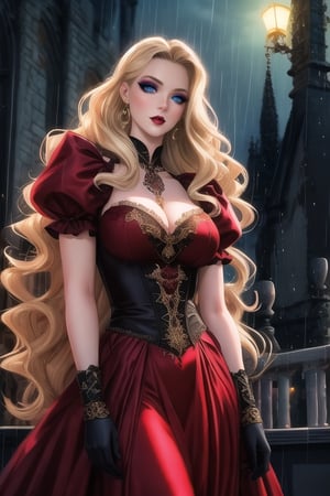 🏷️[Looking at the Viewer, MakeUp, close up, long hair, Upper Body, Earrings, Wavy Hair, Retro Artstyle, ((1990s \(style\))), Rain, Eyeshadow, Eyelashes, (((Glowing))), (Red Lips), Sky, Outdoors]
🏷️[Baroque, Castlevania Style, Vampie, Goth, Black Dress]
🏷️[Eris Etolia, Blonde long hair, Blue Eyes, Pale Skin]

💡 **Additional Enhancers:** ((High-Quality)), ((Aesthetic)), ((Masterpiece)), (Intricate Details), Coherent Shape, (Stunning Illustration), Black, ,Goth Portrait, Masterpiece, Castlevania Lightning, Vampire,Portrait,ErisEtolia,REALISTIC,1guy