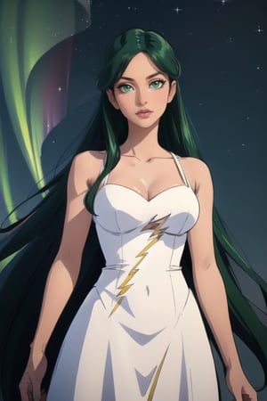 Pale woman, Green Eyes, long straight hair, very liong hair, greekish attire, Goddes, long white dress, stardust, sparkle, pluto, planets, smirk, red lips, elaborated clothes, beautiful woman

Outdoors, aurora in the sky, midnight, Morning star, shinning star

💡 **Additional Enhancers:** ((High-Quality)), ((Aesthetic)), ((Masterpiece)), (Intricate Details), Coherent Shape, (Stunning Illustration), [Dramatic Lightning],midjourney