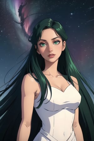 Pale woman, Green Eyes, long straight hair, very liong hair, greekish attire, Goddes, long white dress, stardust, sparkle, pluto, planets, smirk, red lips, elaborated clothes, beautiful woman

Outdoors, aurora in the sky, midnight, Morning star, shinning star

💡 **Additional Enhancers:** ((High-Quality)), ((Aesthetic)), ((Masterpiece)), (Intricate Details), Coherent Shape, (Stunning Illustration), [Dramatic Lightning],midjourney