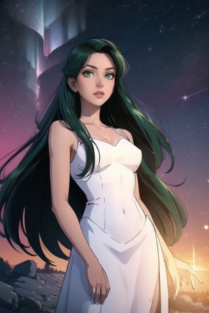 Pale woman, Green Eyes, long straight hair, very liong hair, greekish attire, Goddes, long white dress, stardust, sparkle, pluto, planets, smirk, red lips, elaborated clothes, beautiful woman

Outdoors, aurora in the sky, midnight, Morning star, shinning star

💡 **Additional Enhancers:** ((High-Quality)), ((Aesthetic)), ((Masterpiece)), (Intricate Details), Coherent Shape, (Stunning Illustration), [Dramatic Lightning],midjourney