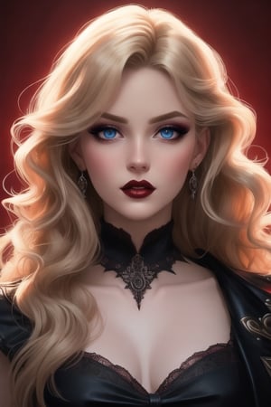 🏷️[Looking at the Viewer, MakeUp, close up, long hair, Upper Body, Earrings, Wavy Hair, Retro Artstyle, ((1980s \(style\))), Eyeshadow, Eyelashes, (((Glowing))), (Red Lips), Sky, blood, Simple Background, Breast, French Clivage]
🏷️[Baroque, Castlevania Style, Vampie, Goth, Dress]
🏷️[(Eris Etolia), Blonde long hair, Blue Eyes, Pale Skin]

((High-Quality)), ((Aesthetic)), ((Masterpiece)), (Intricate Details), Coherent Shape, (Stunning Illustration), Black, ,Goth Portrait, Masterpiece, Castlevania Lightning, Vampire, Portrait, Gothic Art